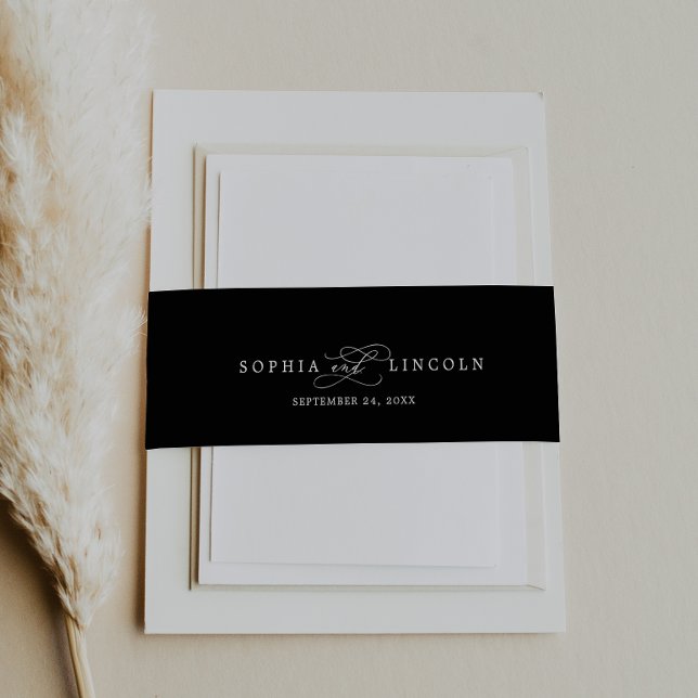 Romantic Calligraphy | Flourish Black Wedding Invitation Belly Band (Creator Uploaded)