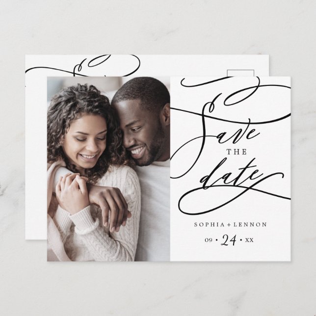 Romantic Calligraphy Flourish Photo Save the Date Invitation Postcard (Front/Back)