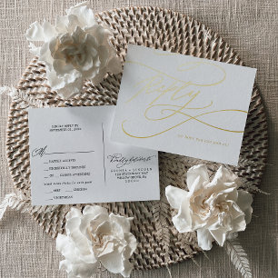 Romantic Calligraphy Gold Foil Meal Option RSVP Invitation Postcard