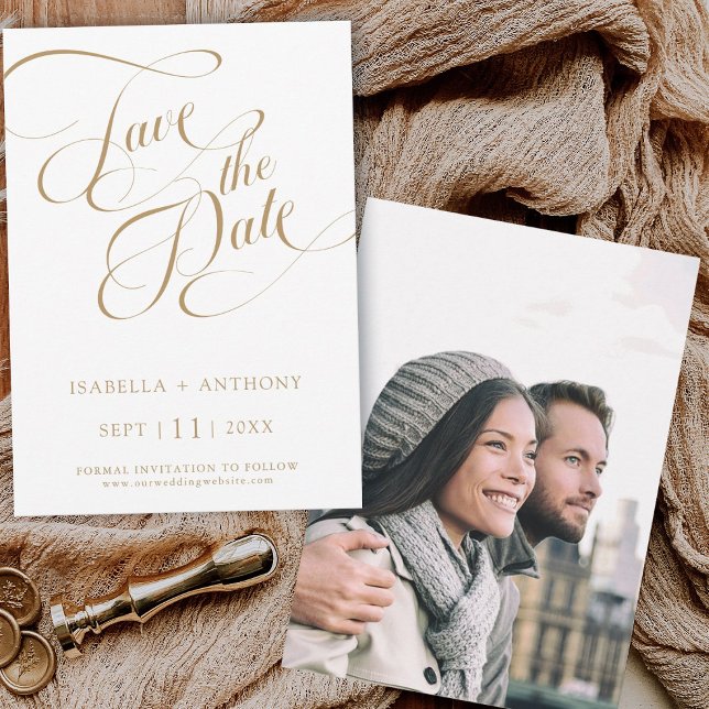 Romantic Calligraphy Gold Wedding Photo Save The Date (Front & Back)