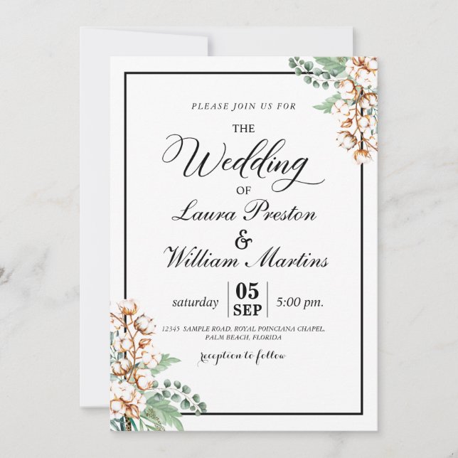 Romantic Calligraphy Greenery Boho Cotton Wedding Invitation (Front)