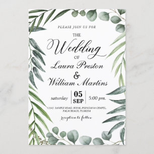 Romantic Calligraphy Greenery Leaves Wedding Invitation