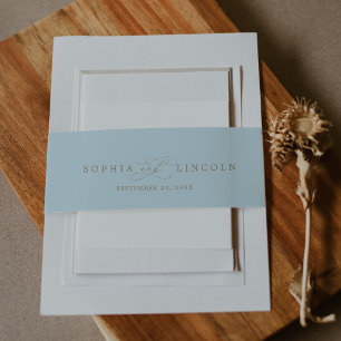 Romantic Calligraphy Light Blue and Gold Wedding Invitation Belly Band
