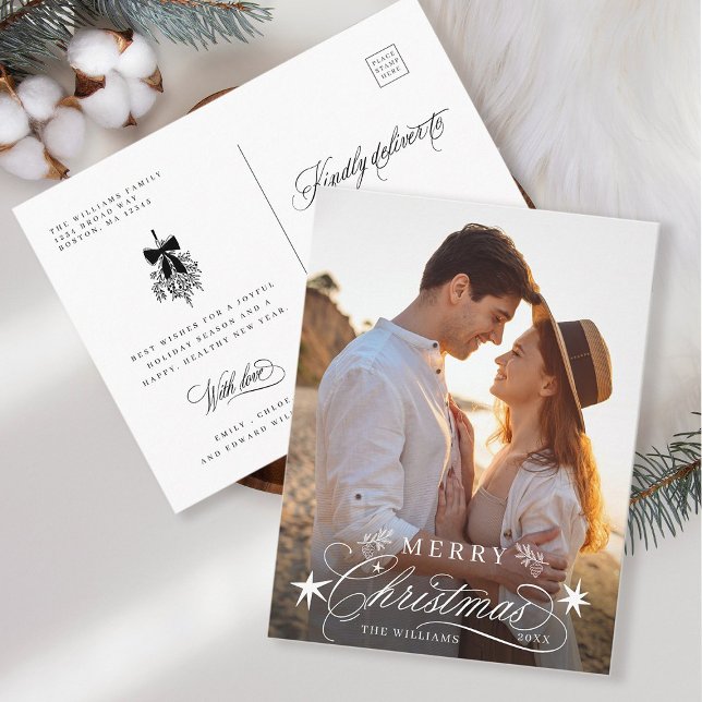Romantic Calligraphy Merry Christmas Photo Postcard (Front & Back)