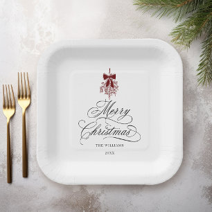 Romantic Calligraphy Merry Christmas Red & Black Paper Plate