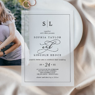 Romantic Calligraphy Minimalist Monogram Wedding Vellum Invitations
