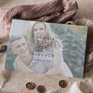 Romantic Calligraphy Monogram Photo Wedding Guest Book