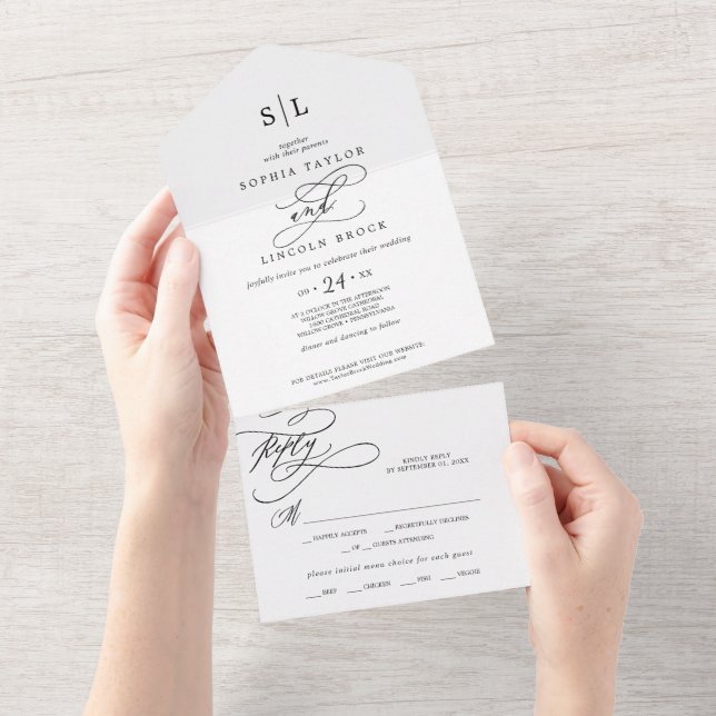 Romantic Calligraphy Monogram Wedding All In One Invitation (Tearaway)