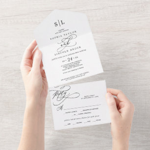 Romantic Calligraphy Monogram Wedding All In One Invitation