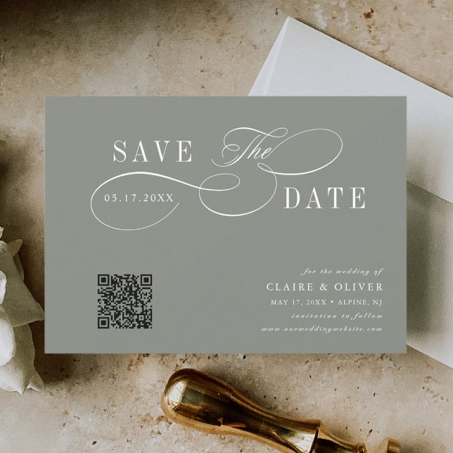 Romantic Calligraphy QR Code Sage Green Horizontal Save The Date (Creator Uploaded)