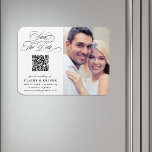 Romantic Calligraphy QR Code Save the Date Photo Magnet<br><div class="desc">This romantic script save the date announcement magnet is perfect for a simple wedding. The minimalist black and white design features elegant and romantic swirly calligraphy lettering with a QR code and a photo.
For more advanced customisation of this design,  please click the BLUE DESIGN TOOL BUTTON above!</div>
