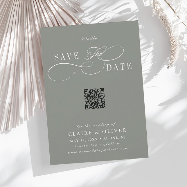 Romantic Calligraphy QR Code Vertical Sage Green Save The Date (Creator Uploaded)