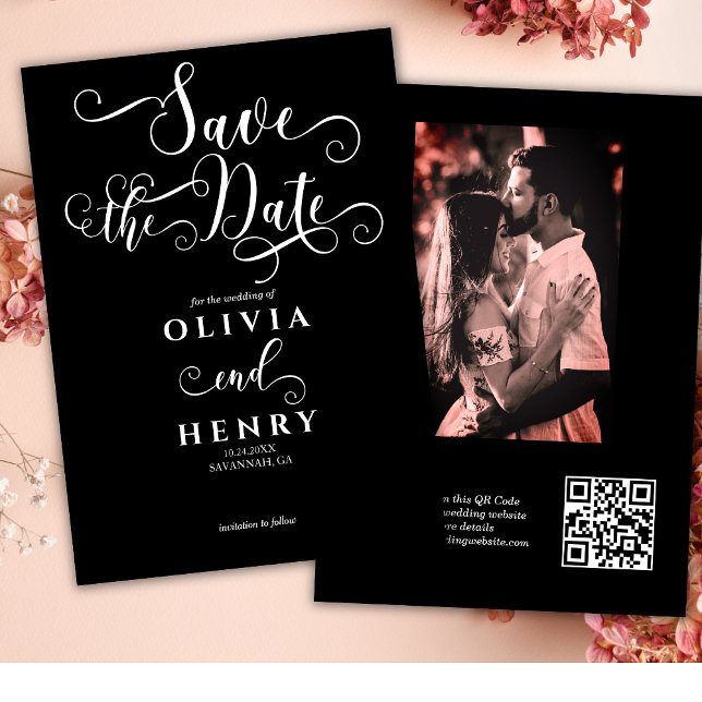 Romantic Calligraphy Script Black Photo QR Code  Save The Date (Creator Uploaded)