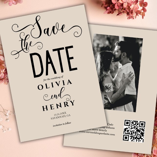 Romantic Calligraphy Script Photo QR Code  Save The Date (Creator Uploaded)