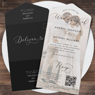 Romantic Calligraphy Script Photo Qr Code Wedding All In One Invitation