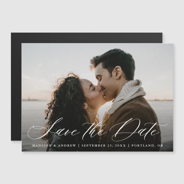 Romantic Calligraphy Script Photo Save the Date Magnetic Invitation (Front/Back)