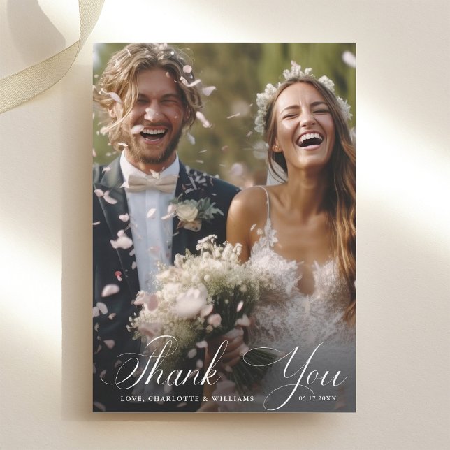 Romantic Calligraphy Wedding 2 Photo Thank You Card (Creator Uploaded)