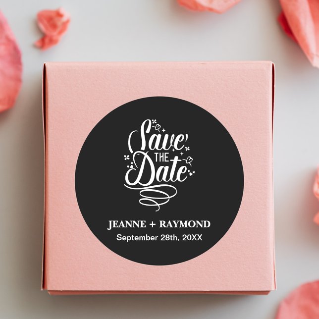 Romantic Calligraphy Wedding Black Save the Date Classic Round Sticker (Creator Uploaded)