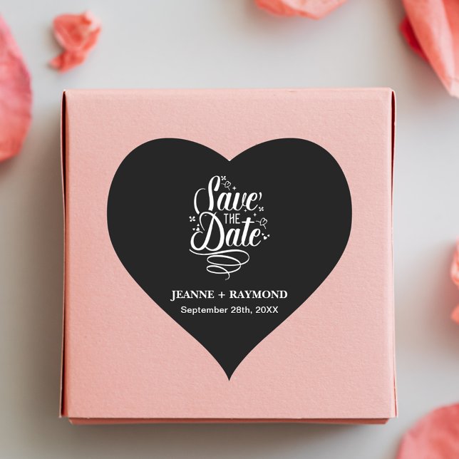 Romantic Calligraphy Wedding Black Save the Date Heart Sticker (Calligraphy wedding heart sticker creates a timeless touch for invitations.)