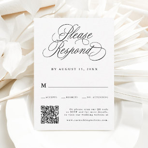 Romantic Calligraphy Wedding QR Code Black & White RSVP Card