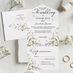 Romantic Calligraphy Whimsical flower RSVP Wedding All In One Invitation