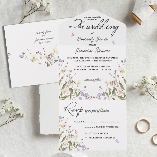 Romantic Calligraphy Whimsical flower RSVP Wedding All In One Invitation (Creator Uploaded)