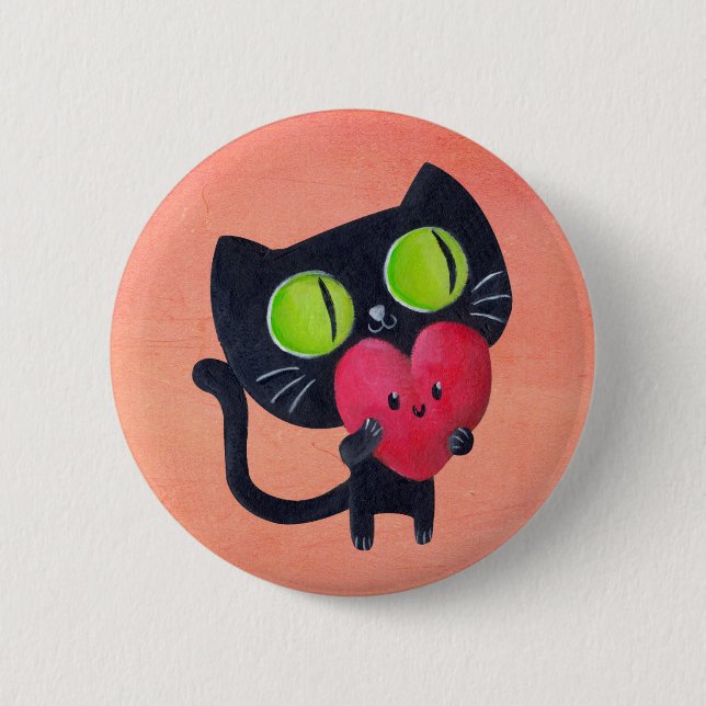 Romantic Cat hugging Red Cute Heart 6 Cm Round Badge (Front)