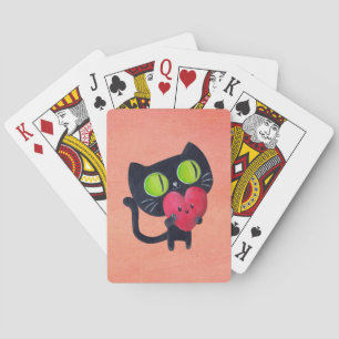 Romantic Cat hugging Red Cute Heart Playing Cards