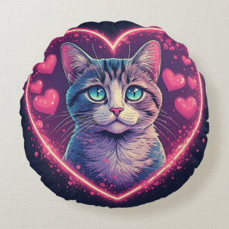 Romantic Cat Lover Gift | Aesthetic Neon Animal Round Cushion