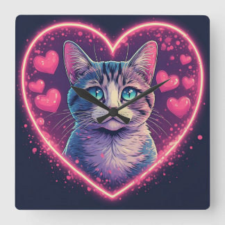 Romantic Cat Lover Gift | Aesthetic Neon Animal Square Wall Clock
