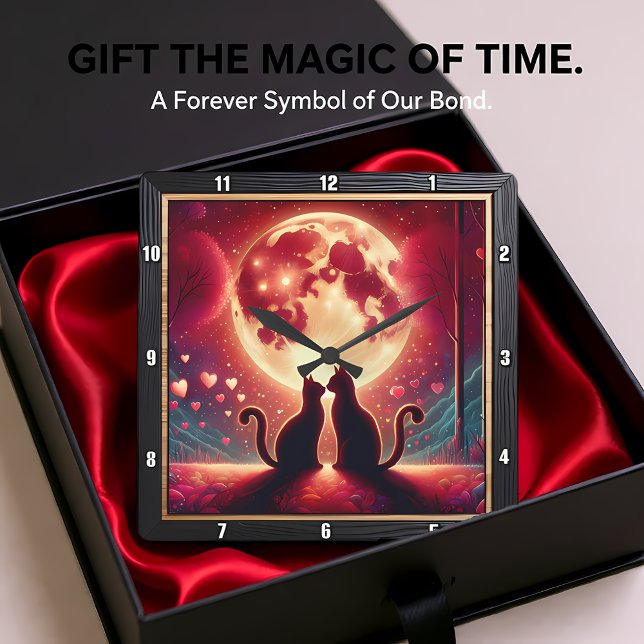 Romantic Cat Silhouette Full Moon Square Wall Clock (Creator Uploaded)