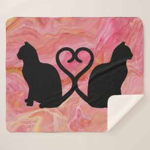 Romantic Cat Silhouette Heart on Pink Marbling Sherpa Blanket