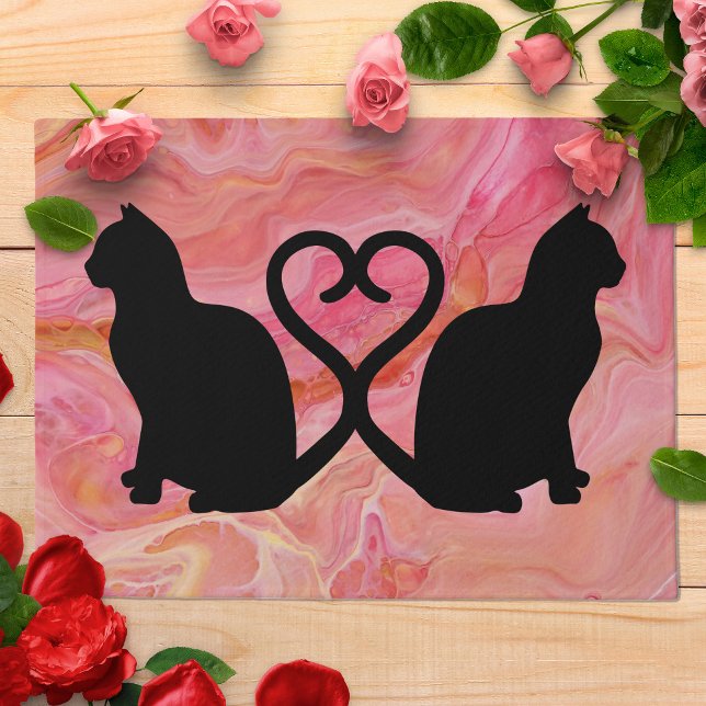 Romantic Cat Silhouette Heart with Pink Marble Doormat (Romantic Cat Silhouette Doormat surrounded by Roses)