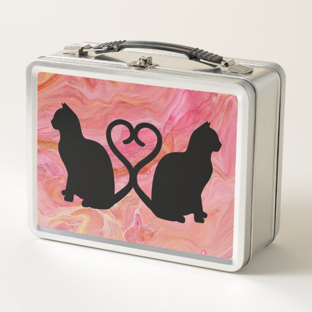 Romantic Cat Silhouette Heart with Pink Marble Metal Lunch Box (Front)