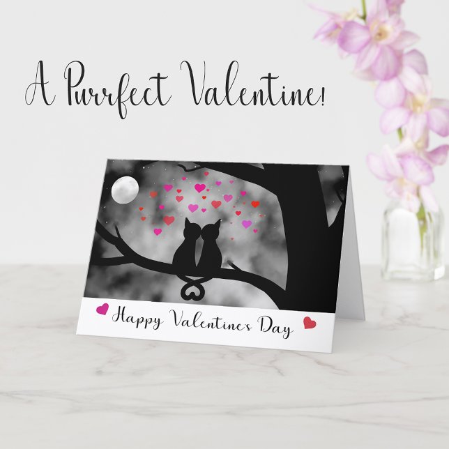 Romantic Cat Valentine Card Under Moon             (Valentine card with an illustration of cats kissing under the moon, and hearts floating in the air.)
