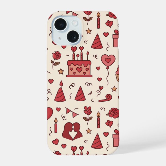 Romantic Celebration Doodle Pattern iPhone 15 Case (Back)