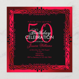 Romantic Cerise Decorative Framed 50th Birthday Invitation