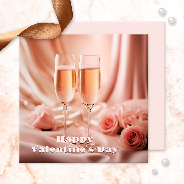 Romantic Champagne and Roses Happy Valentine's Day Invitation (Romantic Valentine's Day invitation featuring a pink scene with champagne and roses)