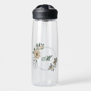 romantic champagne flowers & green leaves water bottle