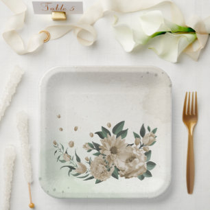 romantic champagne flowers greenery wedding paper plate