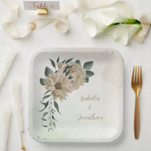 romantic champagne flowers greenery wedding paper plate