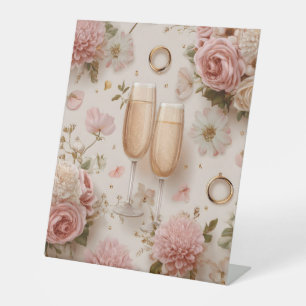 Romantic Champagne Toast with Elegant Flowers Pedestal Sign