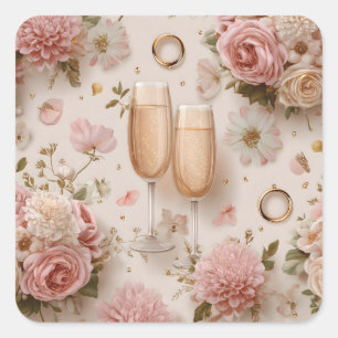  Romantic Champagne Toast with Elegant Flowers Square Sticker