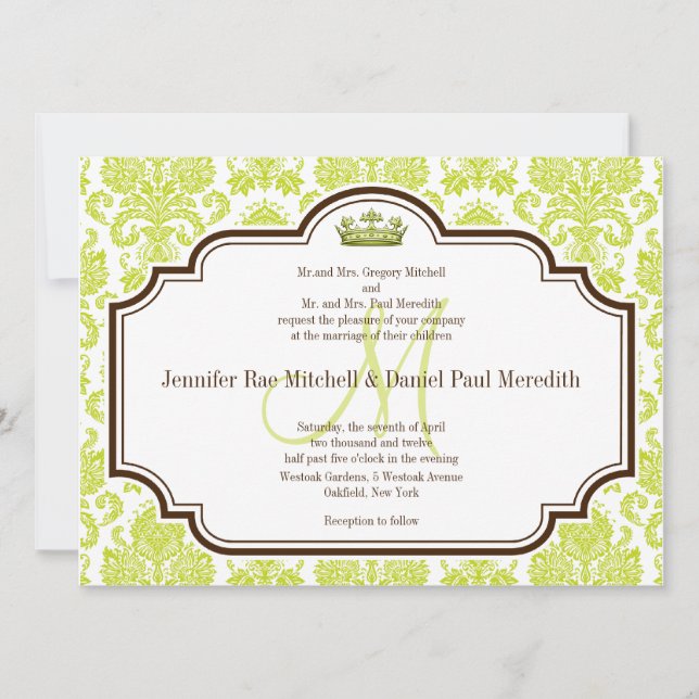 Romantic Chartreuse Damask Wedding Invitations (Front)