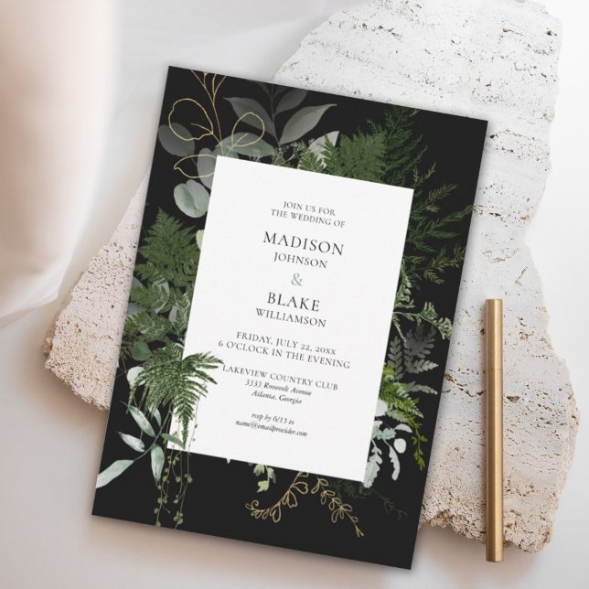 Romantic Chic Black Greenery Forest Wedding Invitation (Creator Uploaded)