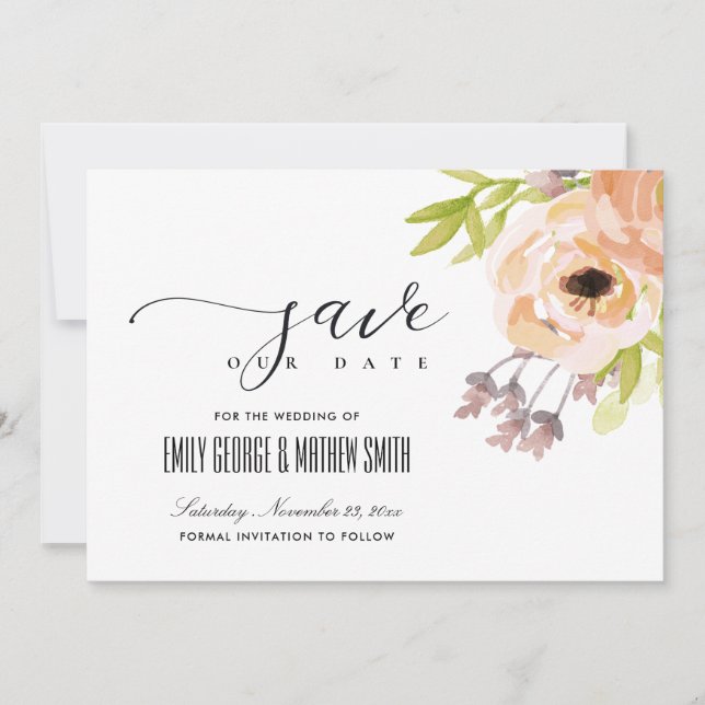 ROMANTIC CHIC BLUSH PINK PURPLE PEACH FLORAL SAVE THE DATE (Front)