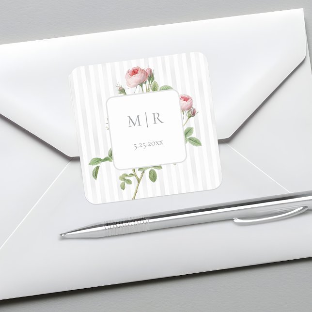 Romantic Chic French Rose Botanical Wedding Square Sticker (Creator Uploaded)