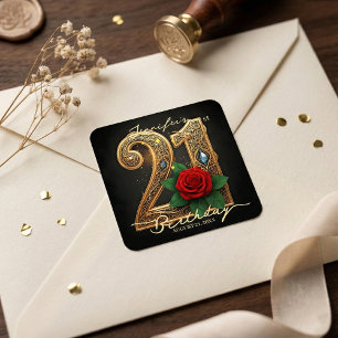 Romantic Chic Gold Filigree Red Rose 21st Birthday Square Sticker