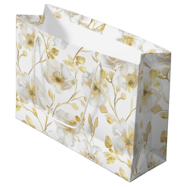 Romantic Chic Gold White Floral Bridal Shower Large Gift Bag (Front Angled)