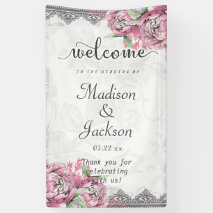 Romantic Chic Peony Floral & Lace Wedding Welcome Banner